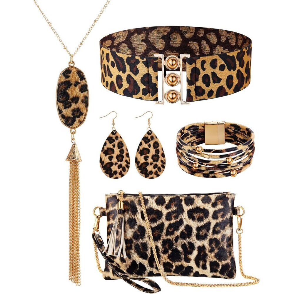 Leopard Jewelry Set Alloy Steel Earrings Necklace Bracelets Purse Belt for Women